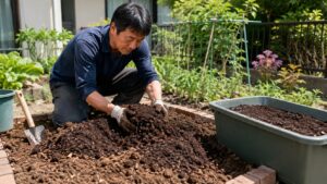 とうもろこし苗を植える前に堆肥を混ぜて土づくりをする様子