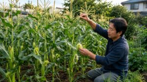 家庭菜園のとうもろこしを人工授粉する日本人男性