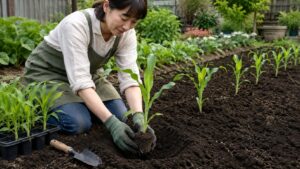 家庭菜園でとうもろこし苗を根鉢を崩さず植え付ける日本人女性