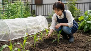 防虫ネットの近くでとうもろこし苗の初期管理をする日本人女性