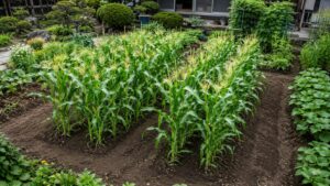 家庭菜園で受粉しやすいようブロック状に植えたとうもろこし