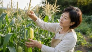 家庭菜園のとうもろこしを人工授粉する日本人女性