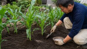 とうもろこしの株元に追肥して土寄せする日本人男性