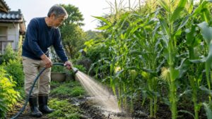 家庭菜園のとうもろこしに朝の水やりをする日本人男性