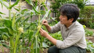 アワノメイガ対策でとうもろこしの雌穂や葉を確認する日本人男性