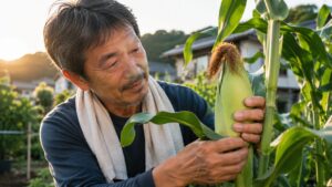 収穫適期のとうもろこしを朝に確認する日本人男性