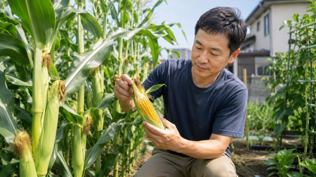 家庭菜園で日本人男性がとうもろこしの収穫時期を確認している様子