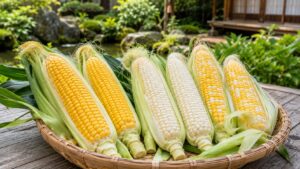 黄色・白・バイカラーのとうもろこし品種を収穫後に並べた様子