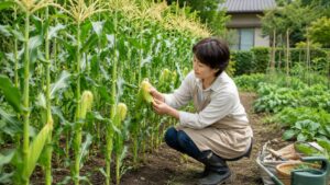 家庭菜園で日本人女性がとうもろこしの実入りを確認している様子
