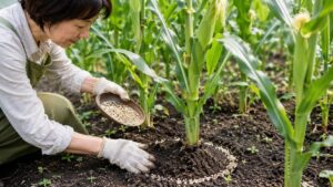 とうもろこしの株元に追肥して実入りを整える家庭菜園の作業