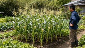 とうもろこしをまとまり植えして受粉を安定させる家庭菜園の畑