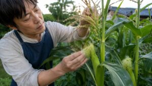 とうもろこしの雄穂を揺らして絹糸に人工授粉する日本人男性