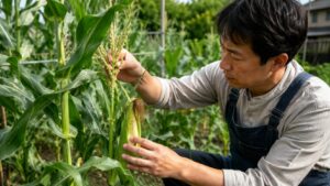 アワノメイガ対策でとうもろこしの雄穂と雌穂を点検する様子