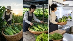 収穫したとうもろこしを日陰で整理し冷蔵保存するまでの流れ
