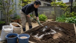 家庭菜園で堆肥や石灰を混ぜてとうもろこしの土作りをする日本人男性