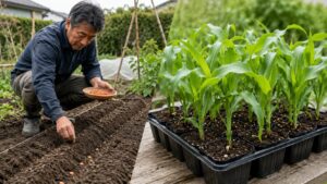 とうもろこしの直まきとポット苗作りを比較する家庭菜園の作業風景