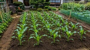 二条以上のブロック植えで育つ家庭菜園のとうもろこし苗
