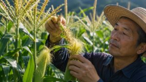 とうもろこしの雄穂を使って人工授粉する日本人男性