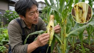 アワノメイガ被害のあるとうもろこしを確認する日本人男性