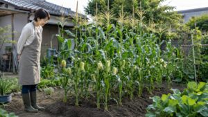 二条以上のまとまりで育つ家庭菜園のとうもろこしを確認する日本人女性