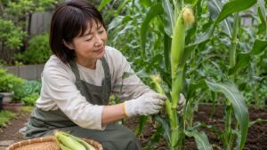 下位の二番穂をヤングコーンとして収穫する日本人女性