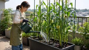 ベランダの深型プランターでとうもろこしに水やりする日本人女性