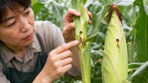アワノメイガ被害の穴と虫糞を確認する