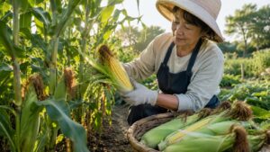 朝の家庭菜園で食べごろのとうもろこしを収穫する日本人女性