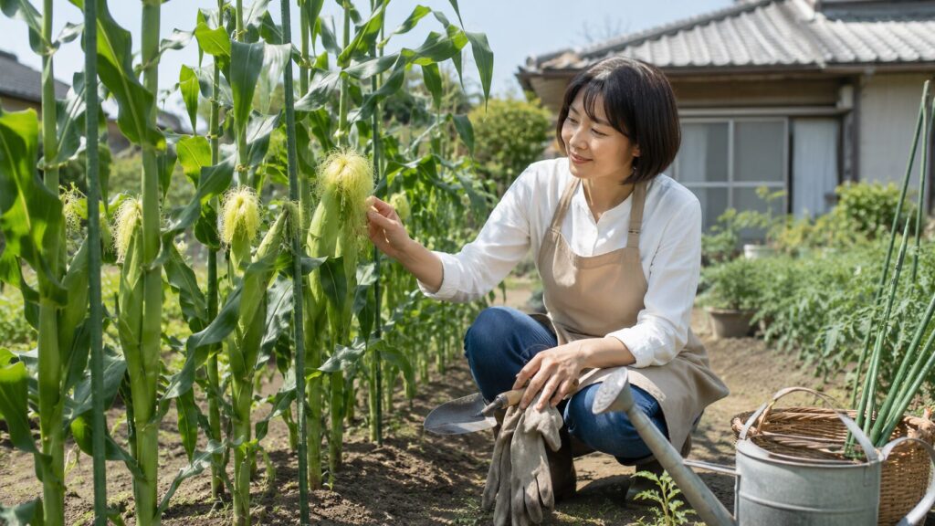 家庭菜園初心者が畑で育てたとうもろこしを確認する様子