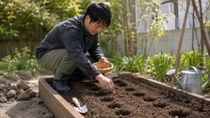 春の家庭菜園でとうもろこしの種をまく初心者向け作業風景