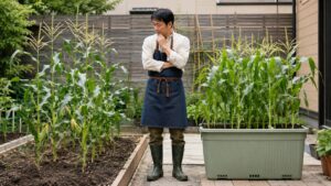 畑とプランターで育てるとうもろこし栽培の違いを比較する庭