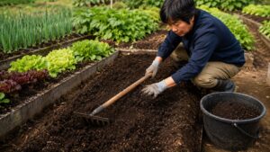 とうもろこし栽培前に堆肥を混ぜて土づくりをする家庭菜園