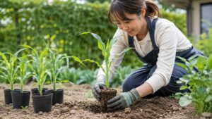 ポットで育てたとうもろこし苗を家庭菜園に植え付ける様子