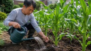 とうもろこしの成長期に水やりをして土の乾燥を防ぐ家庭菜園