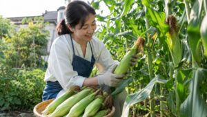 家庭菜園で育てたとうもろこしを朝に収穫する様子