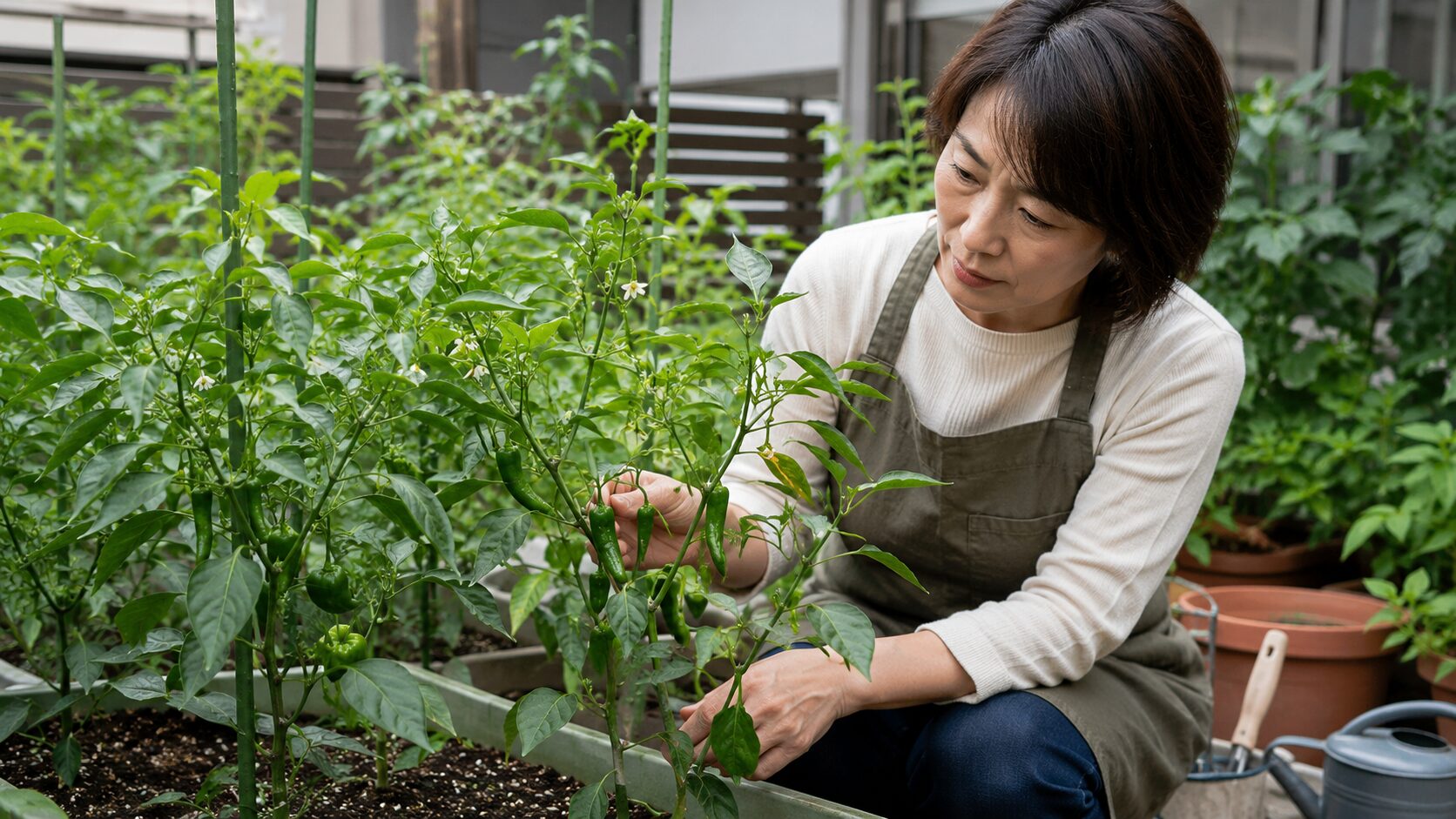 家庭菜園でピーマンの実が膨らまない原因を確認する様子