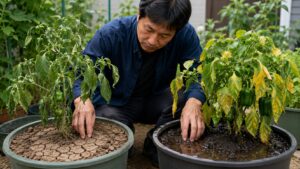 乾いた土と湿りすぎた土を比べてピーマンの水やりを確認する様子