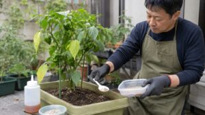 家庭菜園のピーマンに肥料を少しずつ与える様子