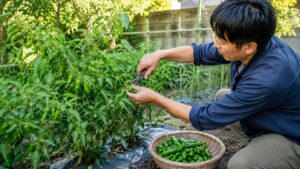 実が多すぎるピーマンを摘果して株の負担を減らす様子