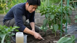 家庭菜園のピーマンに固形肥料を少量ずつ追肥する様子