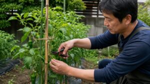 ピーマンを支柱に誘引して剪定ばさみで枝を整える様子