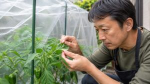 防虫ネットの中でピーマンの葉裏を確認して害虫対策をする様子