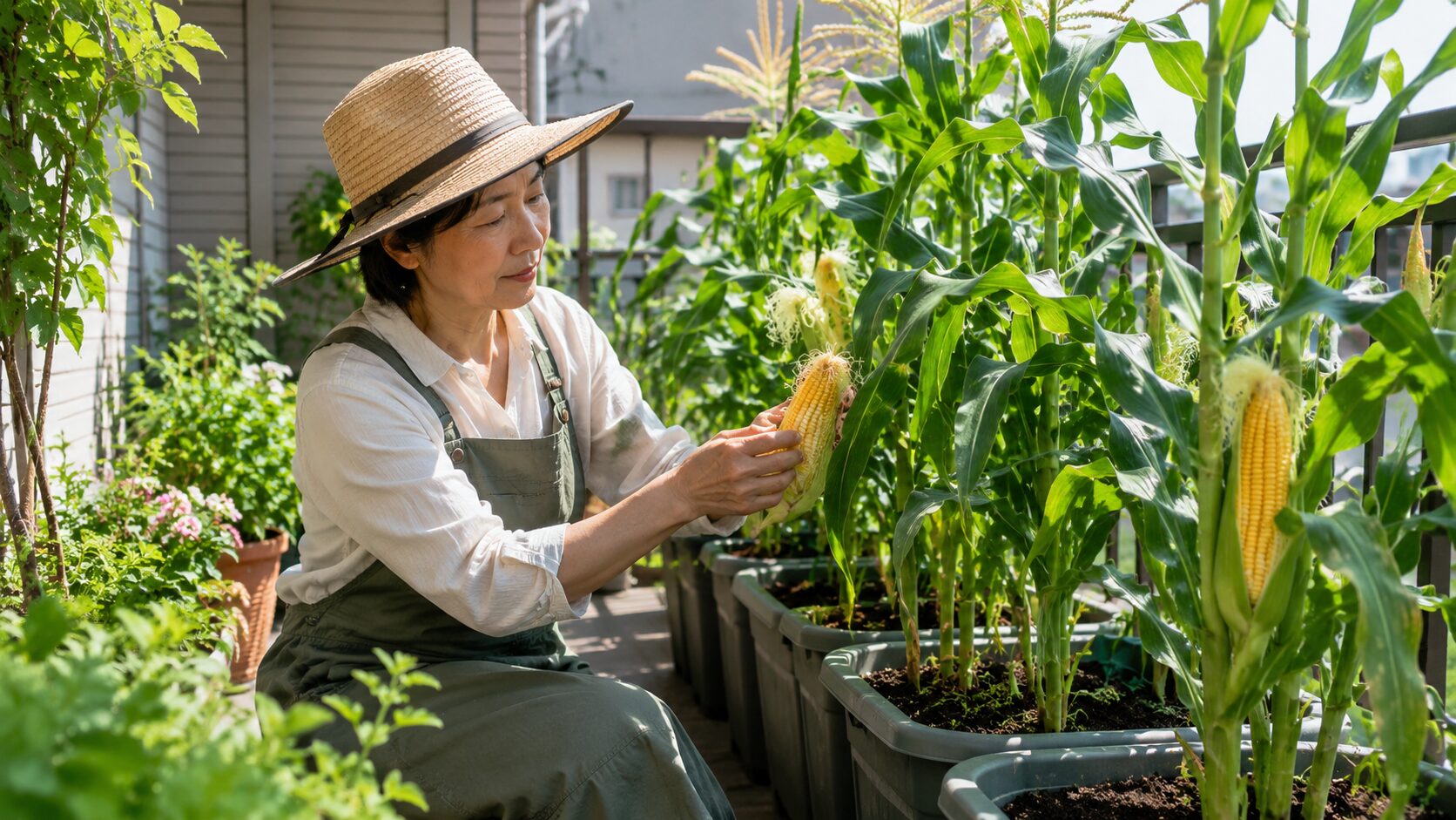 家庭菜園で深型プランターのとうもろこしを育てる日本人女性
