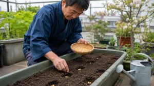 深型プランターにとうもろこしの種をまく日本人男性