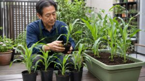 とうもろこしの苗を選んで深型プランターに植える日本人男性