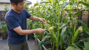 プランター栽培のとうもろこしを人工授粉する日本人男性