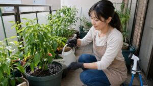 家庭菜園のピーマンにジョウロで株元へやさしく水やりする様子