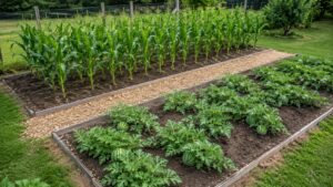 とうもろこしとスイカを隣接畝で育てる家庭菜園の配置