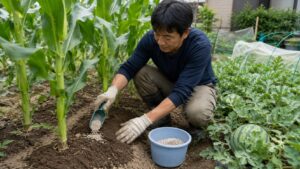 とうもろこしの株元に追肥する日本人男性とスイカ畑
