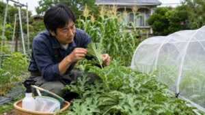 スイカの葉裏を確認して害虫対策をする日本人男性の家庭菜園